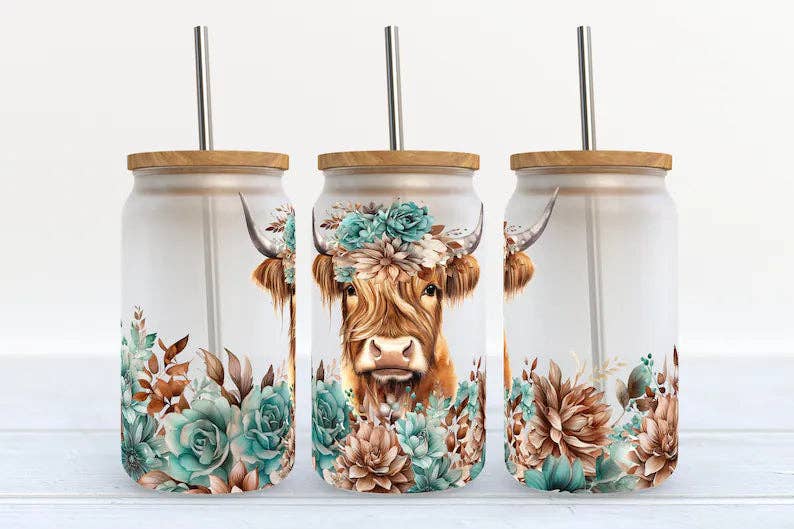 ๐ฎ Highland Cow Floral 16 oz Libby Glass Tumbler
