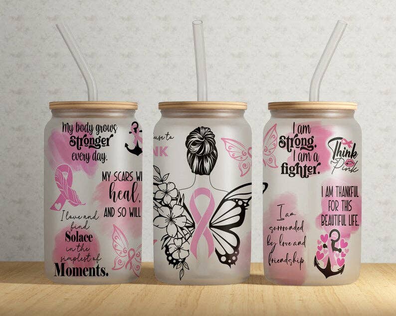 π Pink Ribbon Warrior 16 oz Libby Glass Tumbler